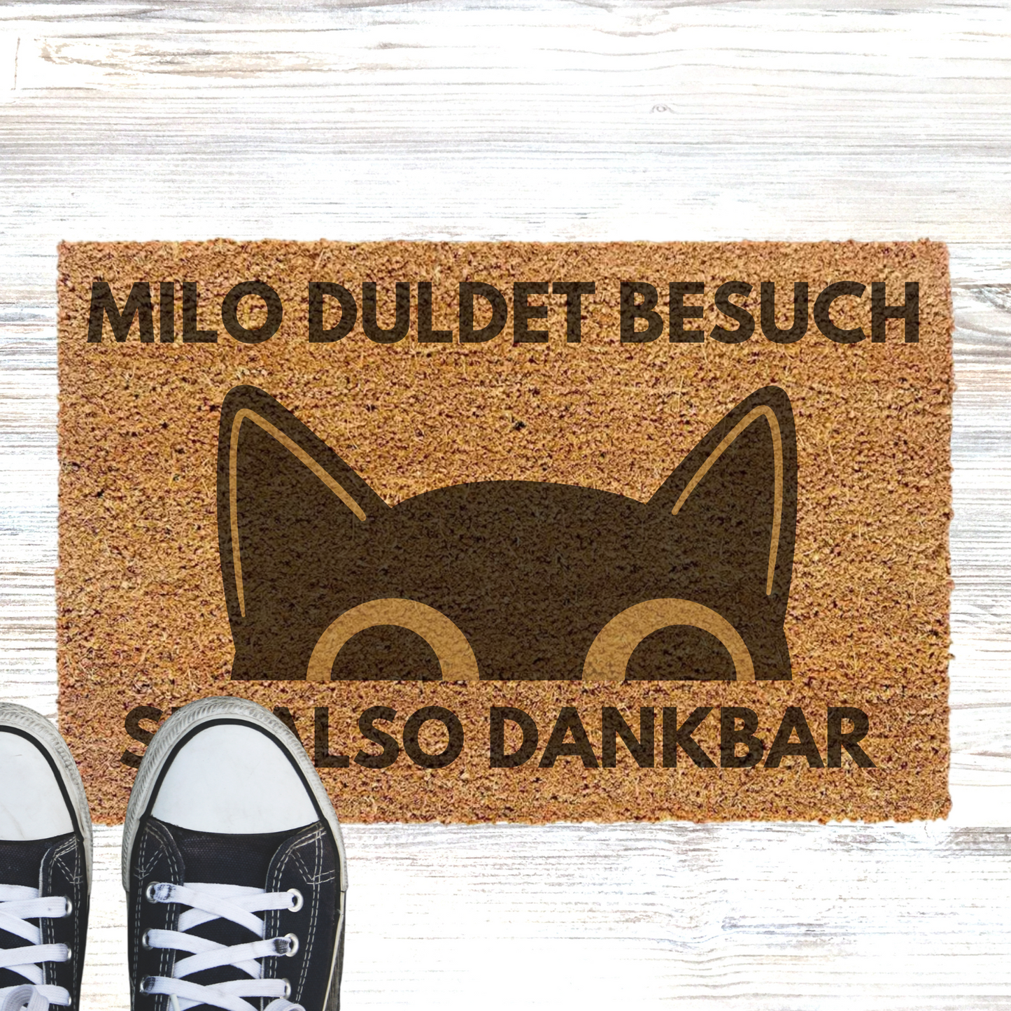 Personalisierte Kokos Fußmatte - "Katzenname" duldet Besuch