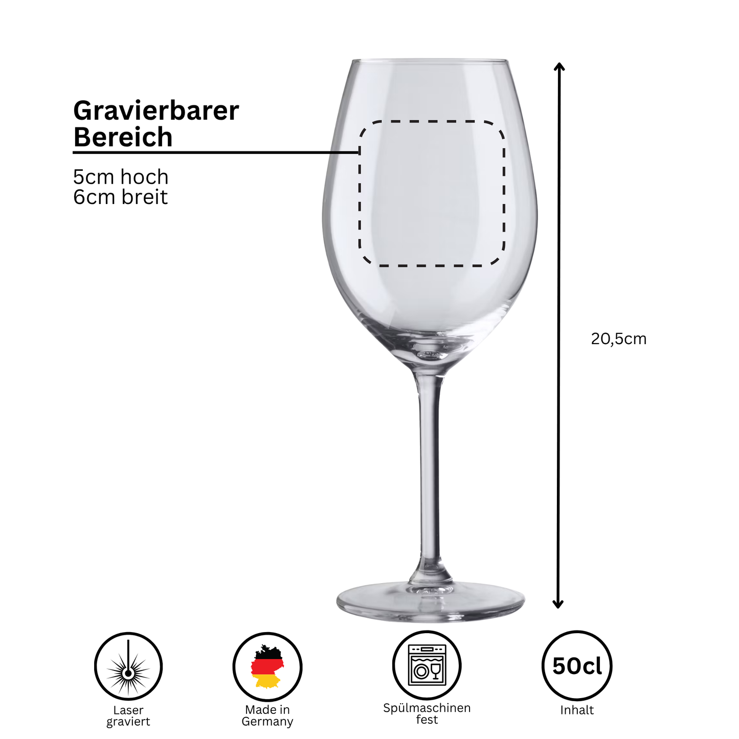 Weinglas mit markiertem Gravurbereich (5 cm hoch, 6 cm breit) – ideal für kleine Zeichnungen oder Texte.