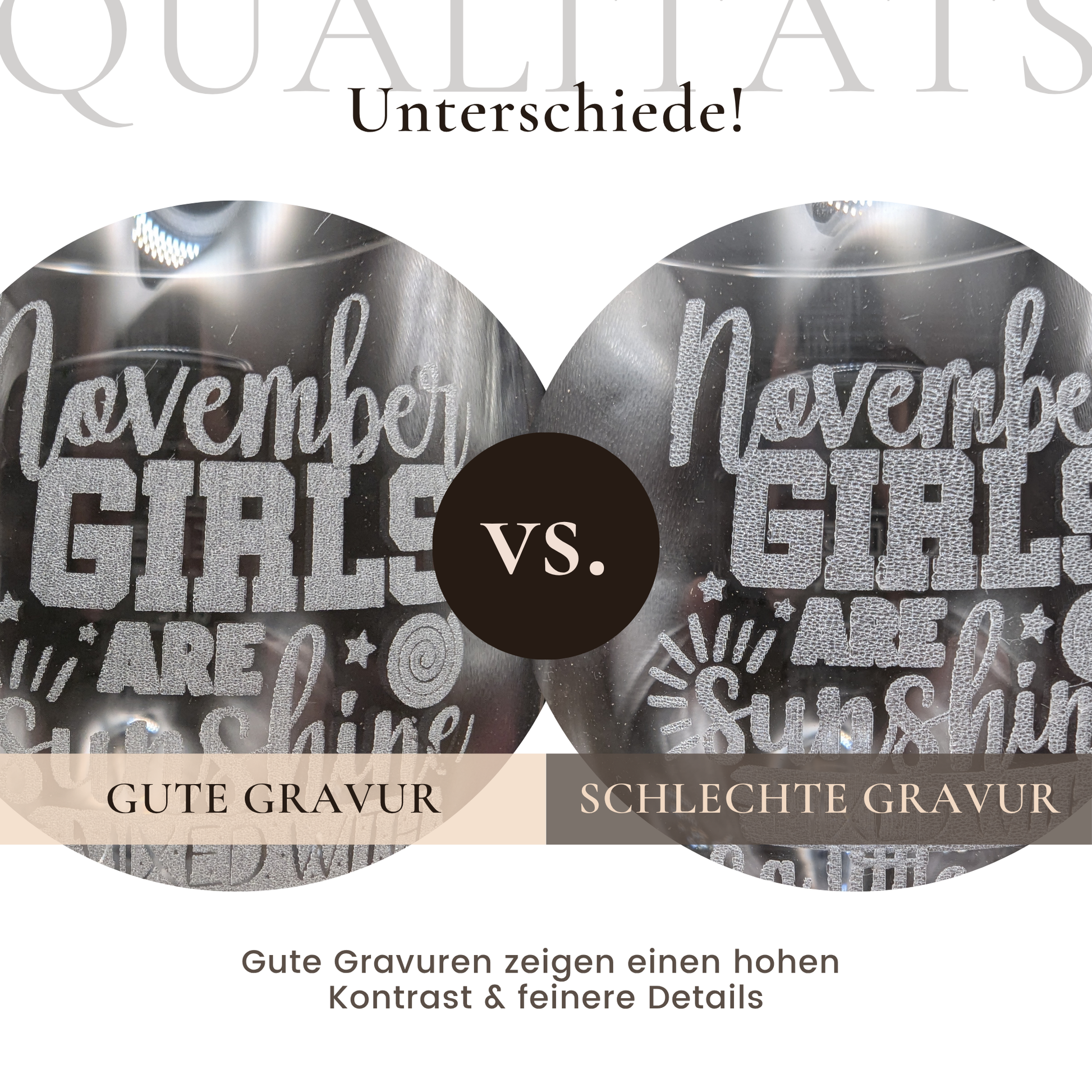 Qualitätsvergleich von Lasergravuren auf Glas – feine Details und starker Kontrast bei professioneller Gravur.