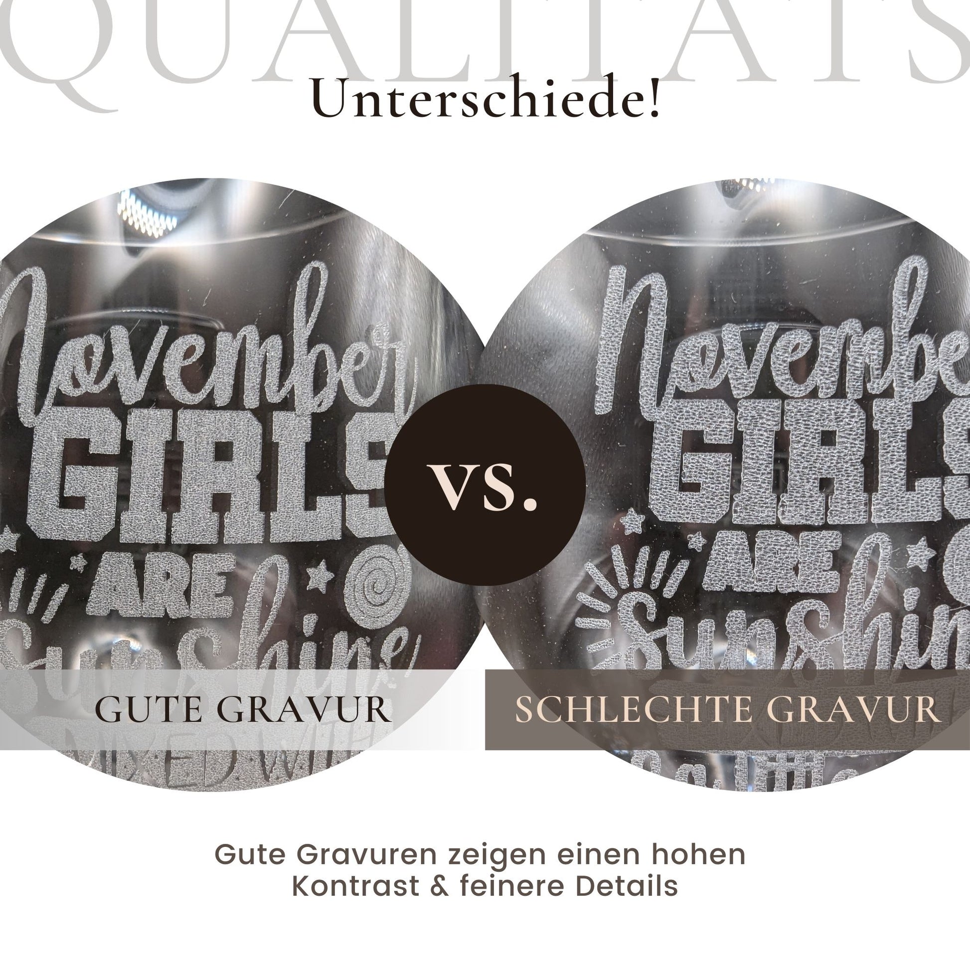 Vergleich gute Gravur vs schlechte Gravur Weinglas mit Lasergravur personalisiertes Glas Geschenkidee Frau