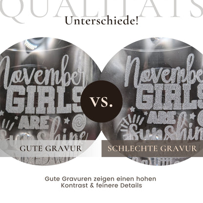 Vergleich gute Gravur vs schlechte Gravur Weinglas mit Lasergravur personalisiertes Glas Geschenkidee Frau