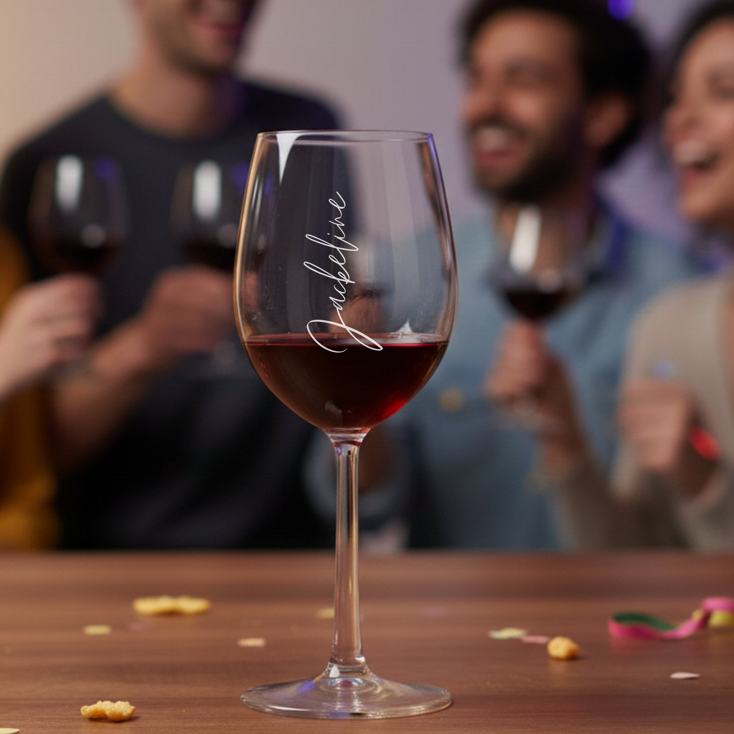 Personalisiertes Rotweinglas mit Gravur bei geselligem Abend