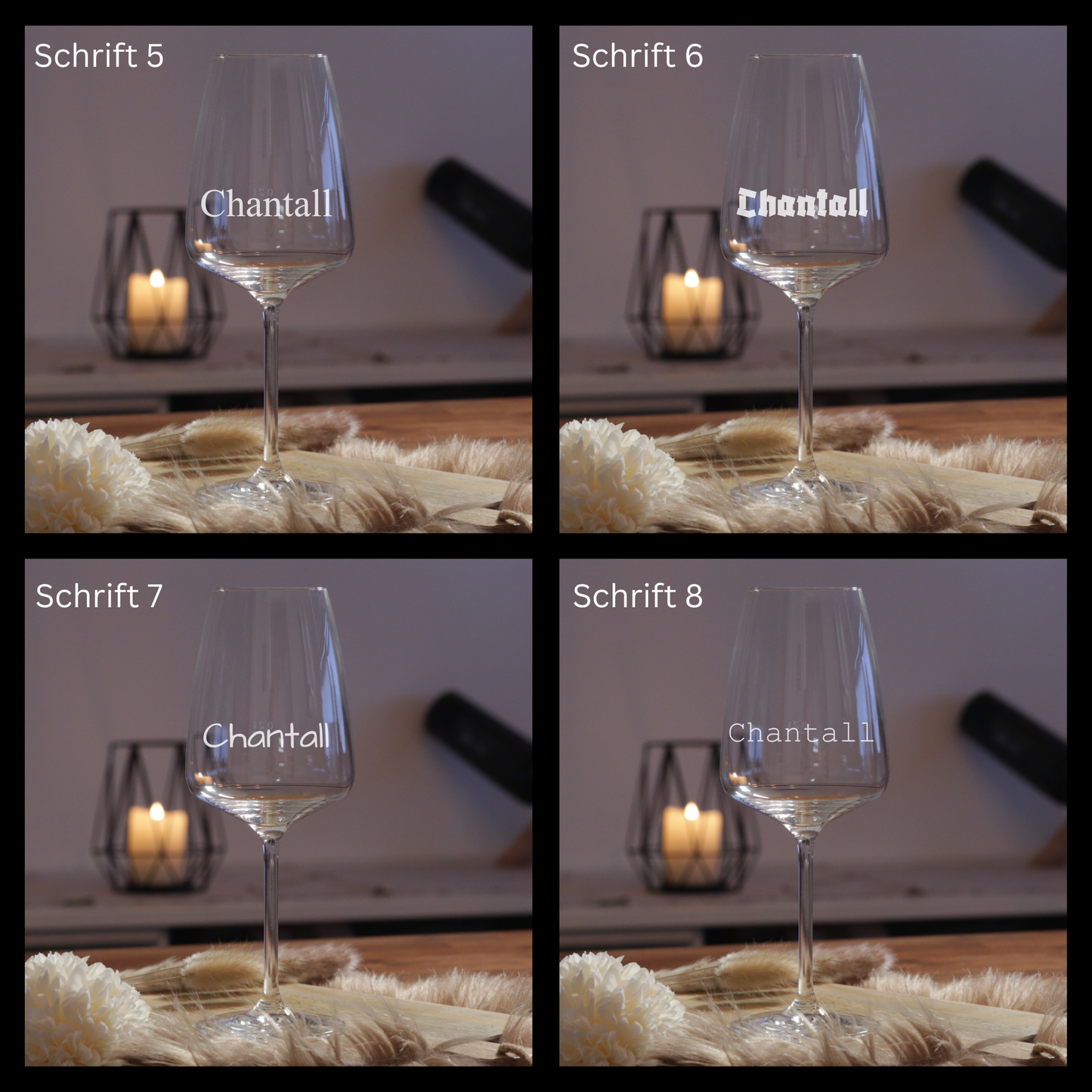 Auswahl an Gravurschriftarten für personalisiertes Weinglas Geschenk mit Namen Glas personalisiert