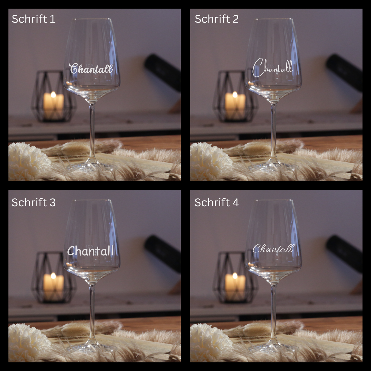 Auswahl an Gravurschriftarten für personalisiertes Weinglas Geschenk mit Namen Glas personalisiert