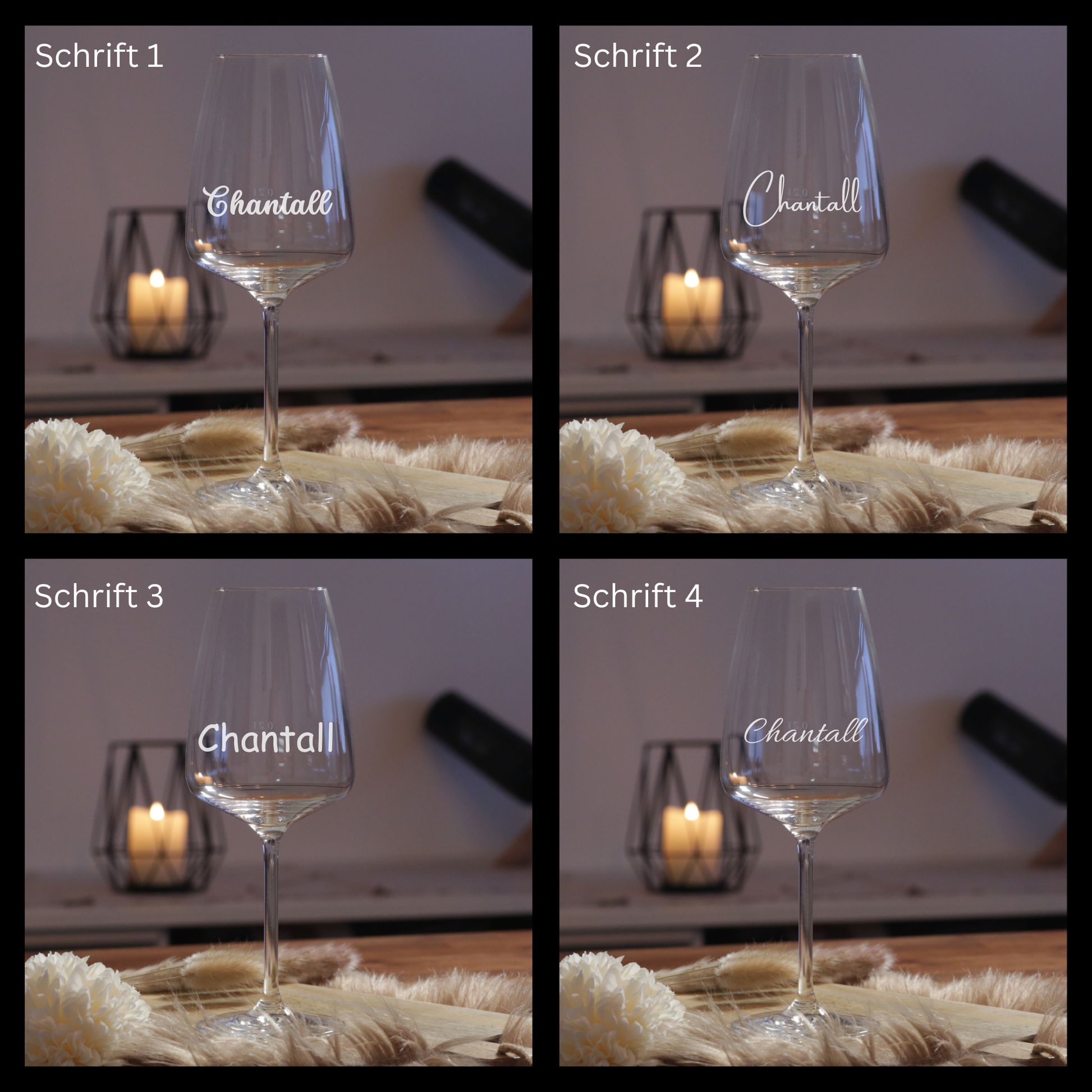 Auswahl an Gravurschriftarten für personalisiertes Weinglas Geschenk mit Namen Glas personalisiert