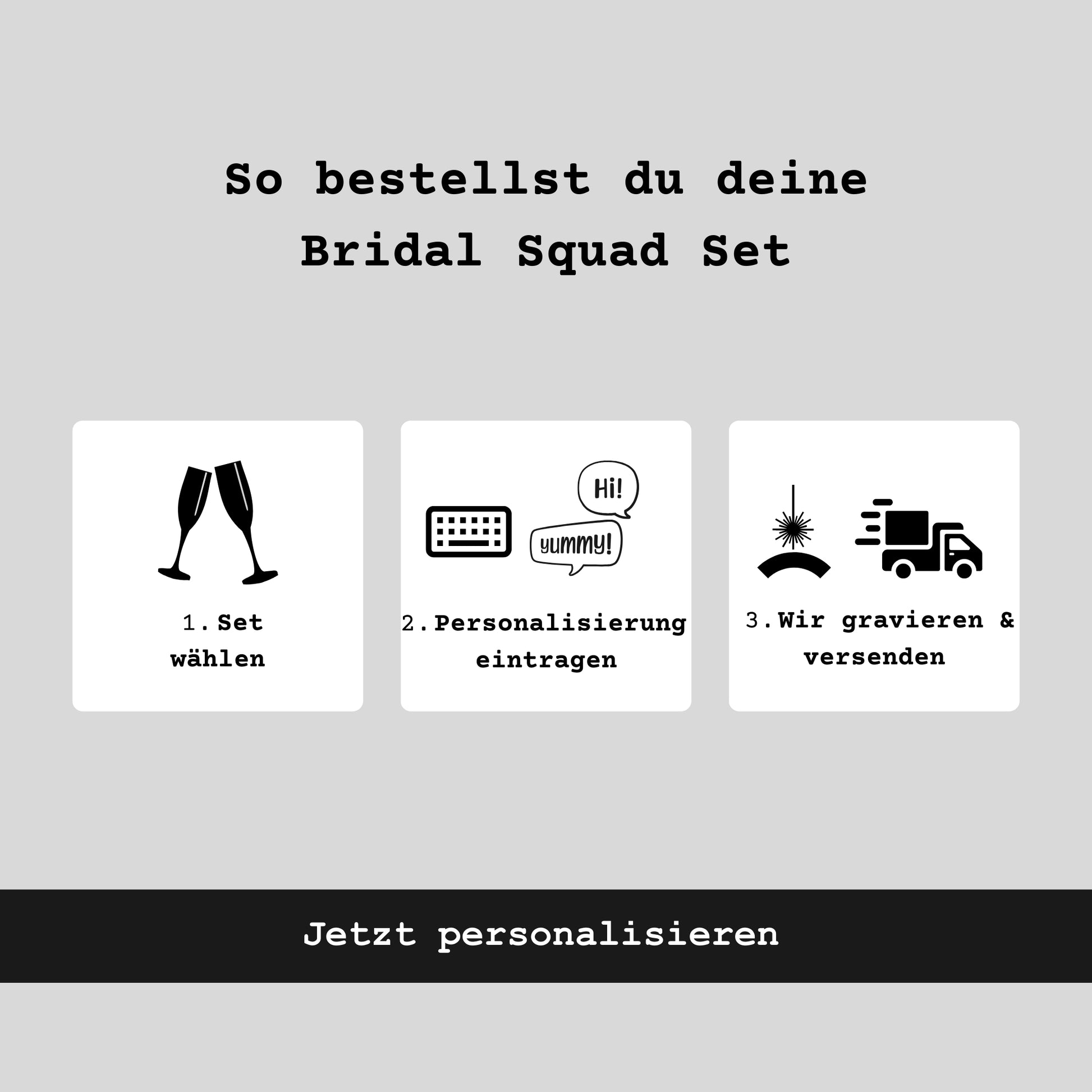 Schritt für Schritt Erklärung zur Bestellung eines personalisierten Bridal Squad Weinglas Sets