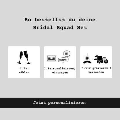 Schritt für Schritt Erklärung zur Bestellung eines personalisierten Bridal Squad Weinglas Sets