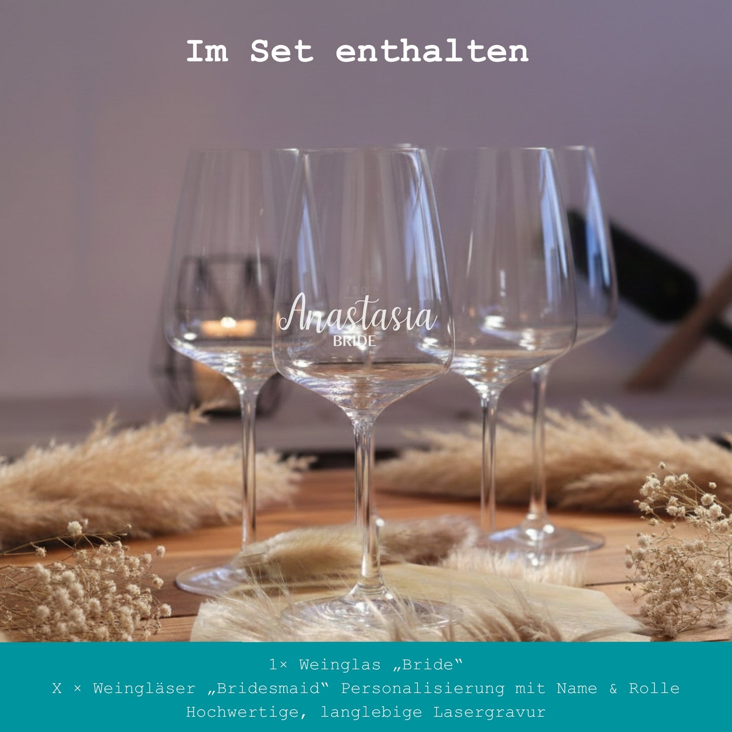 Übersicht der im Bridal Squad Set enthaltenen personalisierten Weingläser für Junggesellinnenabschied