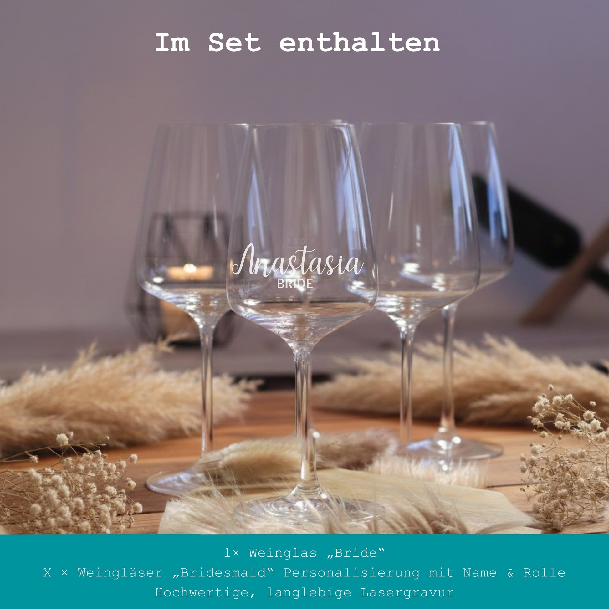 Übersicht der im Bridal Squad Set enthaltenen personalisierten Weingläser für Junggesellinnenabschied
