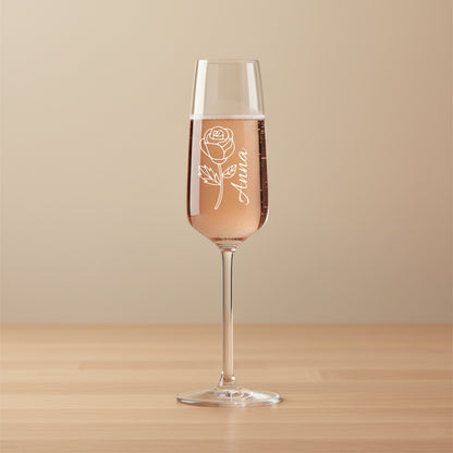 Personalisiertes Sektglas mit Namensgravur und Rosenmotiv als Hochzeitsgeschenk