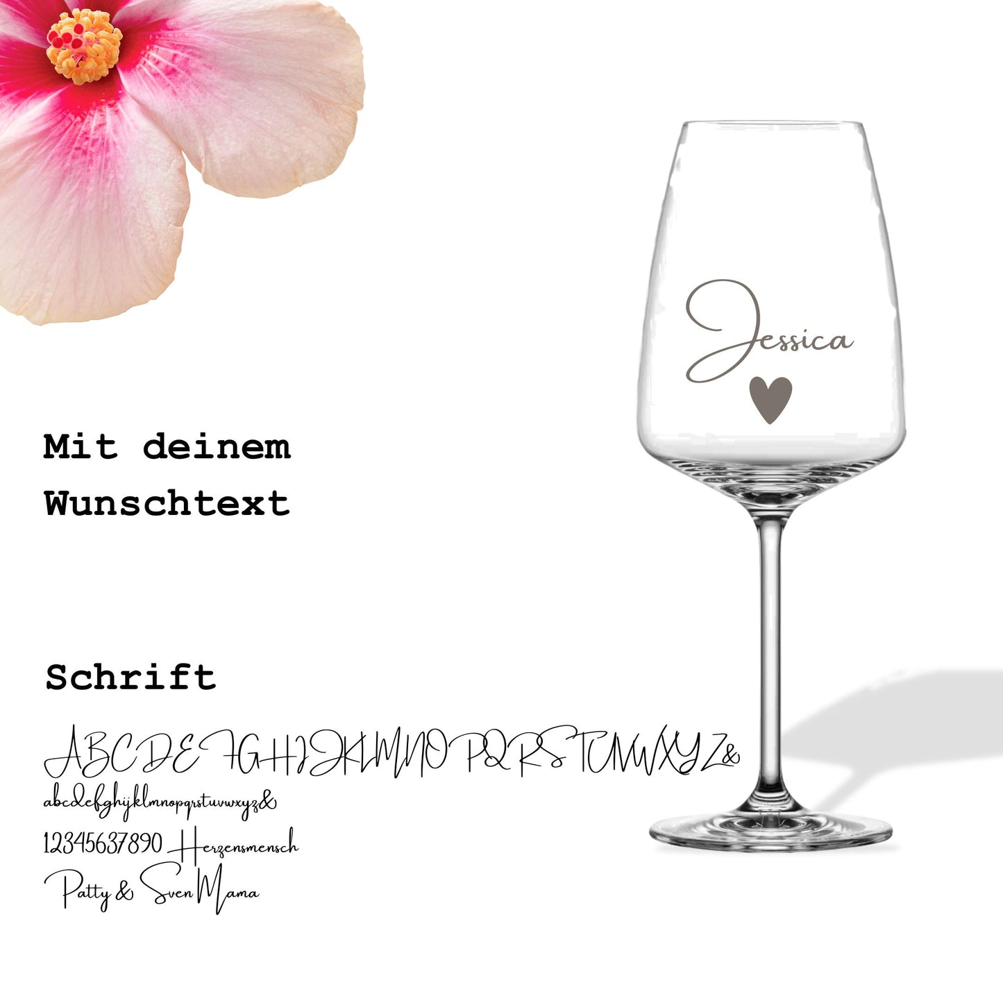 Personalisiertes Weinglas mit Wunschname und Herz – Schriftbeispiel