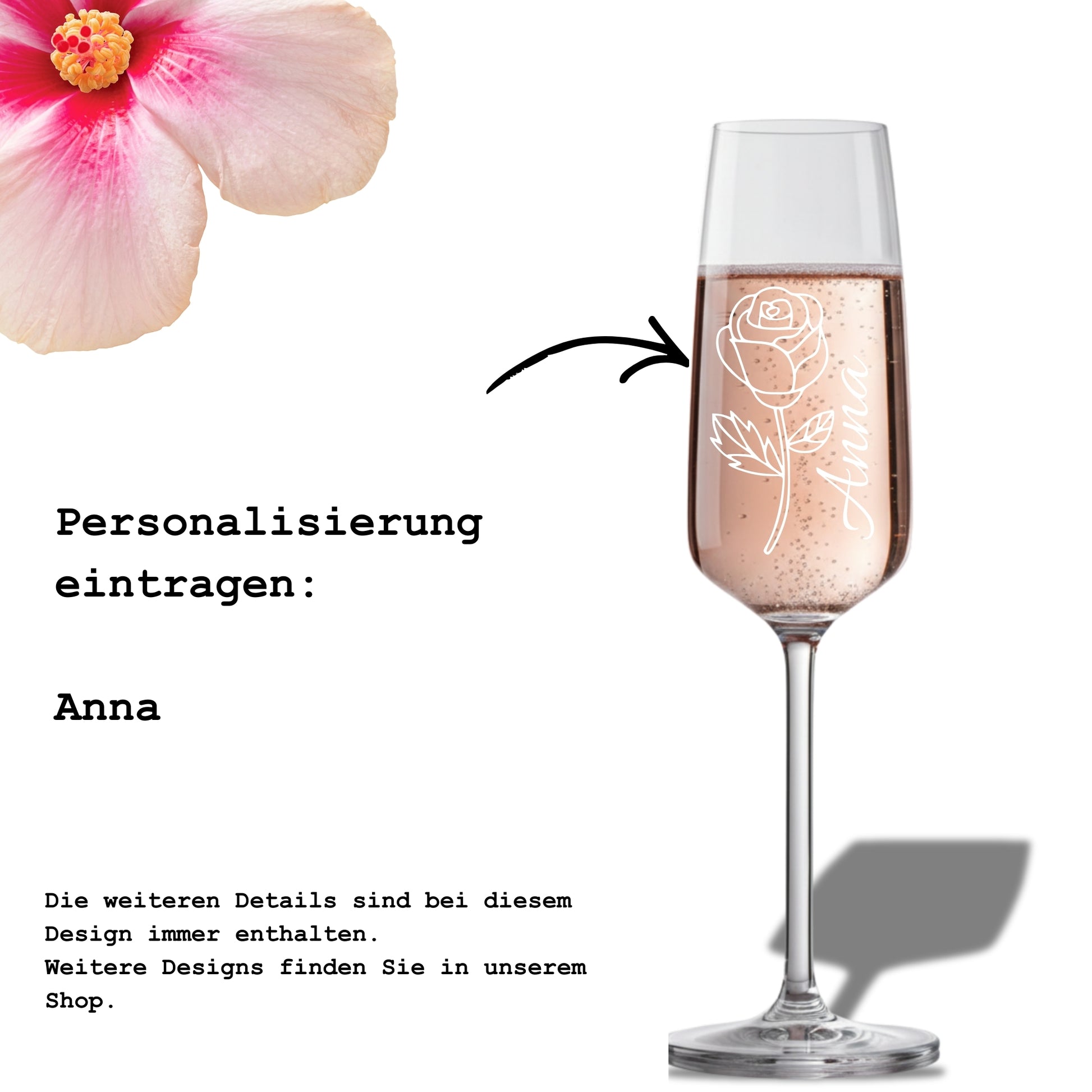 Beispiel für Personalisierung eines Sektglases mit Name und Rosen Gravur