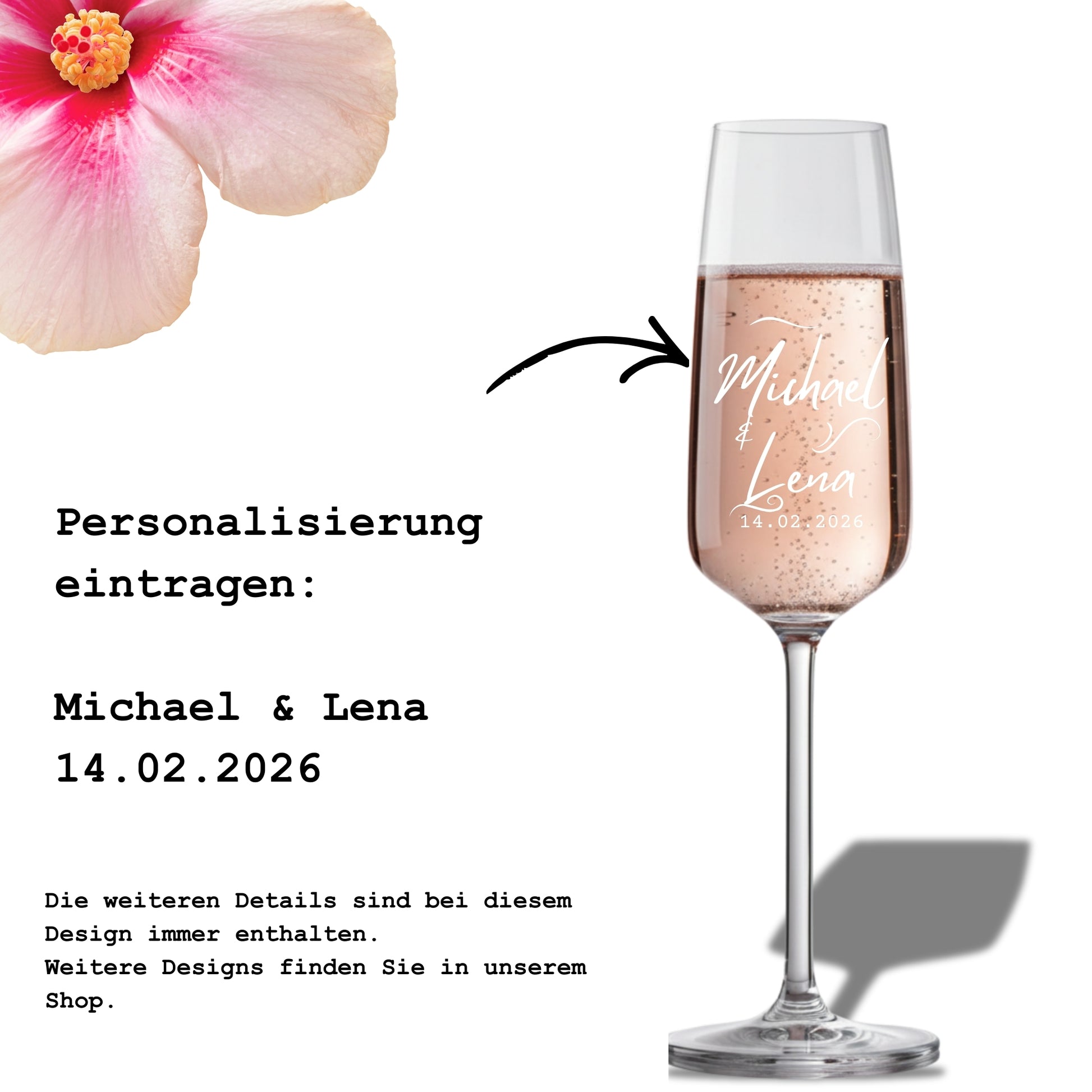 Sektglas personalisiert mit Namen und Hochzeitsdatum, Beispiel für individuelle Gravur