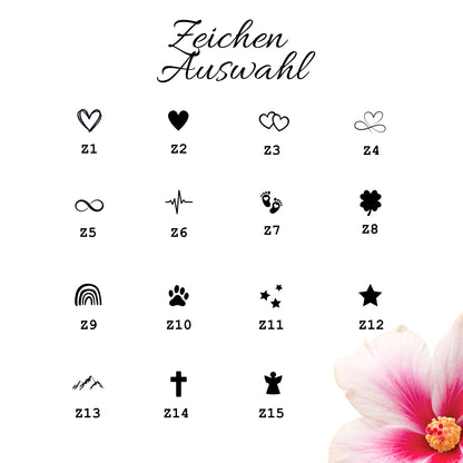 Auswahl an Gravur-Symbolen für personalisierte Sektgläser wie Herz, Unendlichkeitszeichen, Sterne und mehr